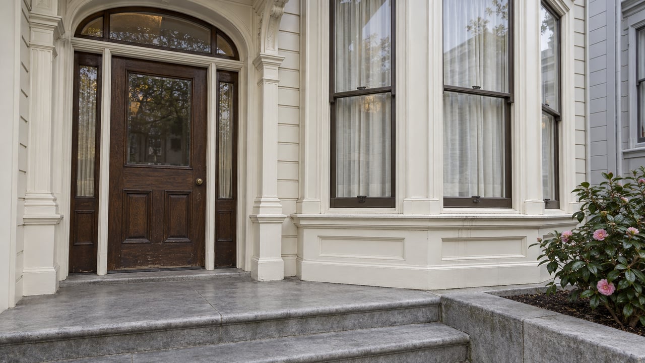 Ivory painted bay windows beside a recessed oak entrance, with worn limestone steps and a single camellia in a stone planter.