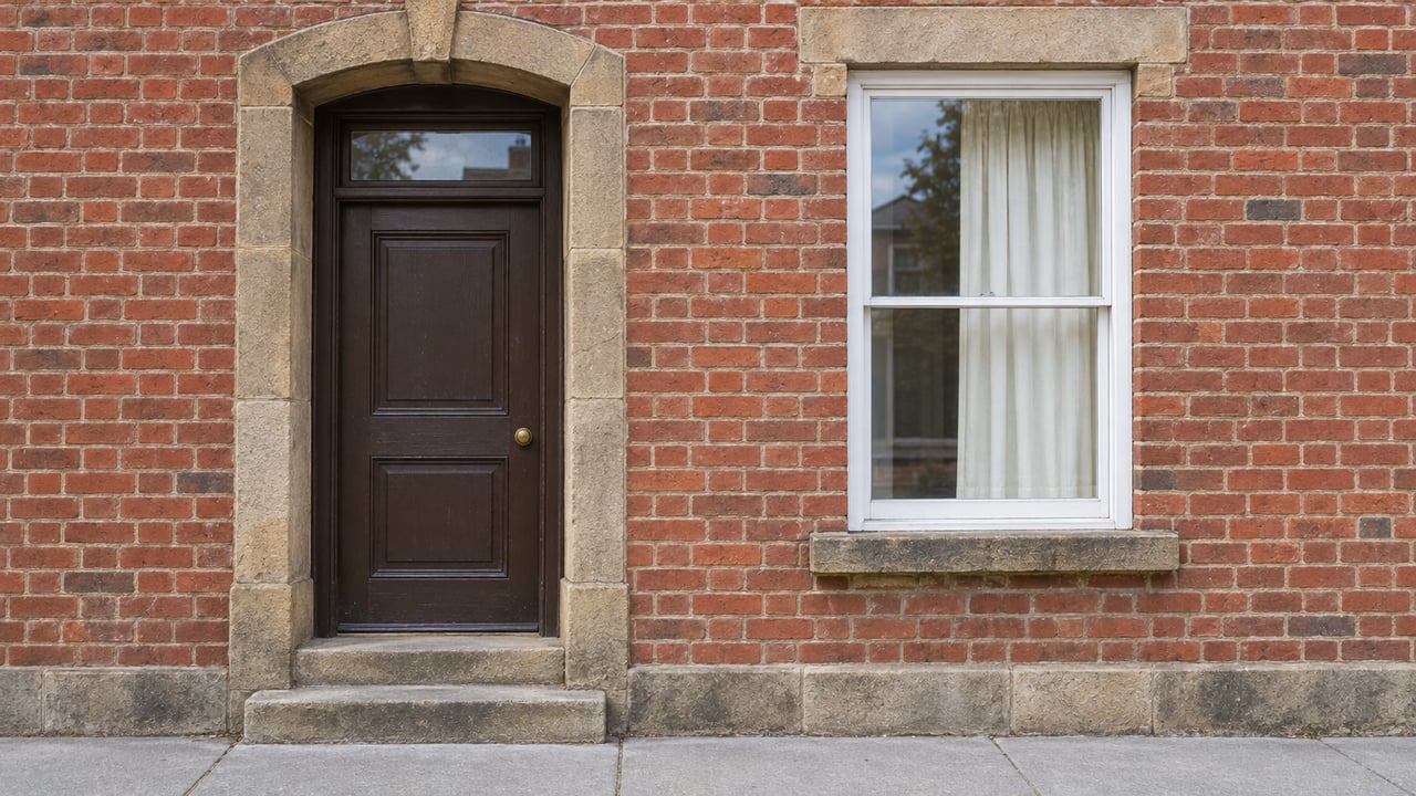 A red-brick home's recessed brown door and tall sash window, framed by weathered sandstone above two worn stone steps.