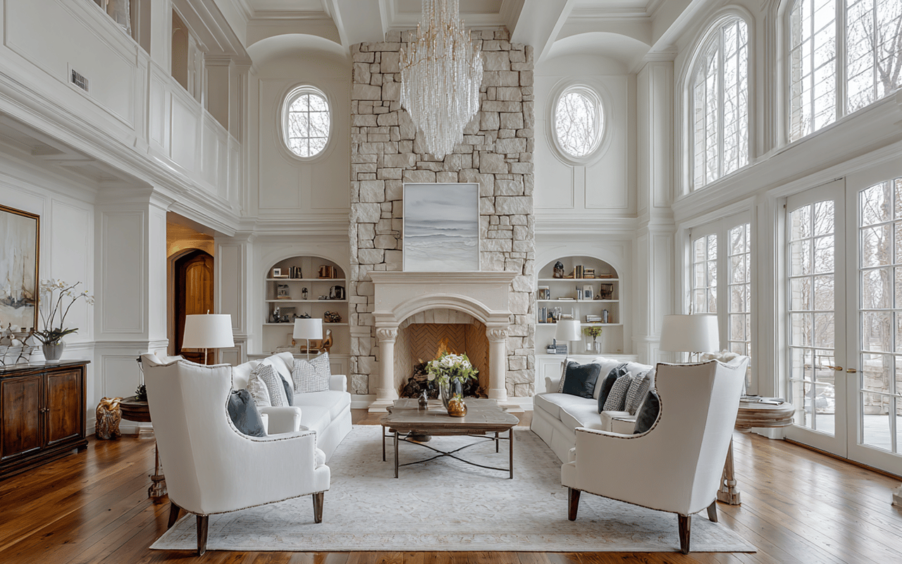 Living room with a tall stone fireplace, vaulted ceiling, and expansive windows.