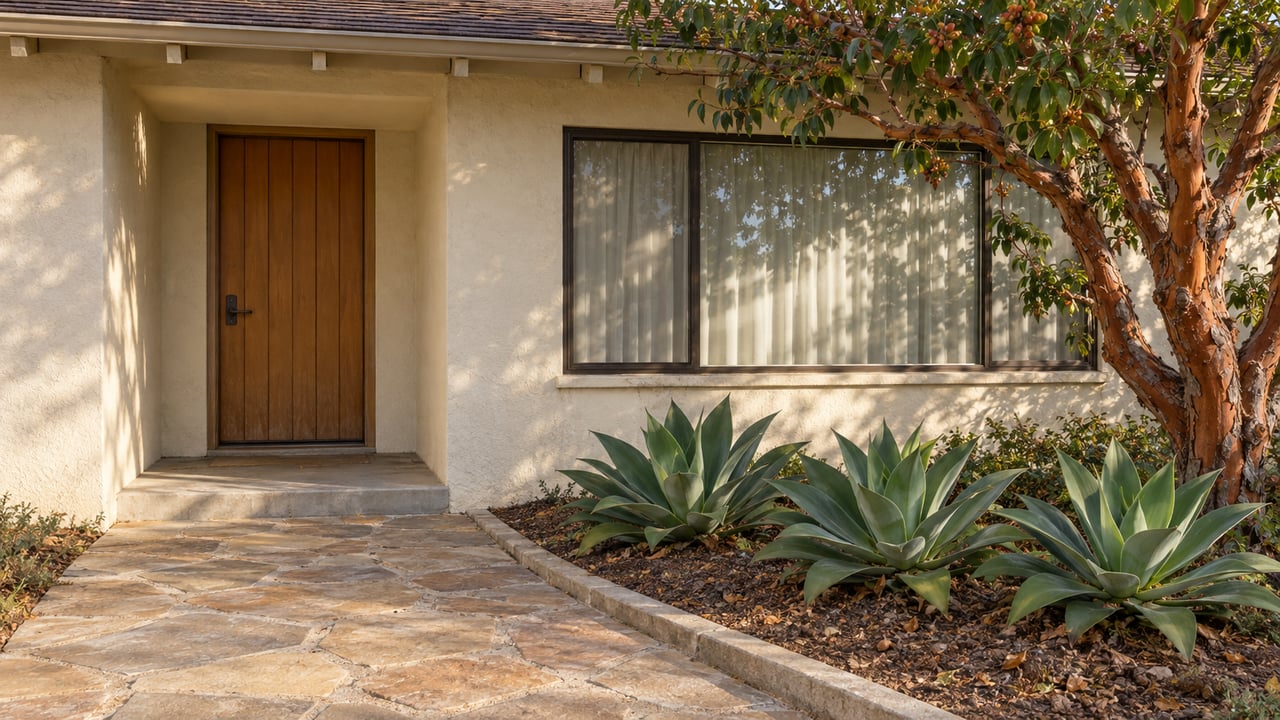Sunlit ivory stucco ranch entry with a wood door, sandstone approach and a sculptural strawberry tree beside a bronze-framed window.