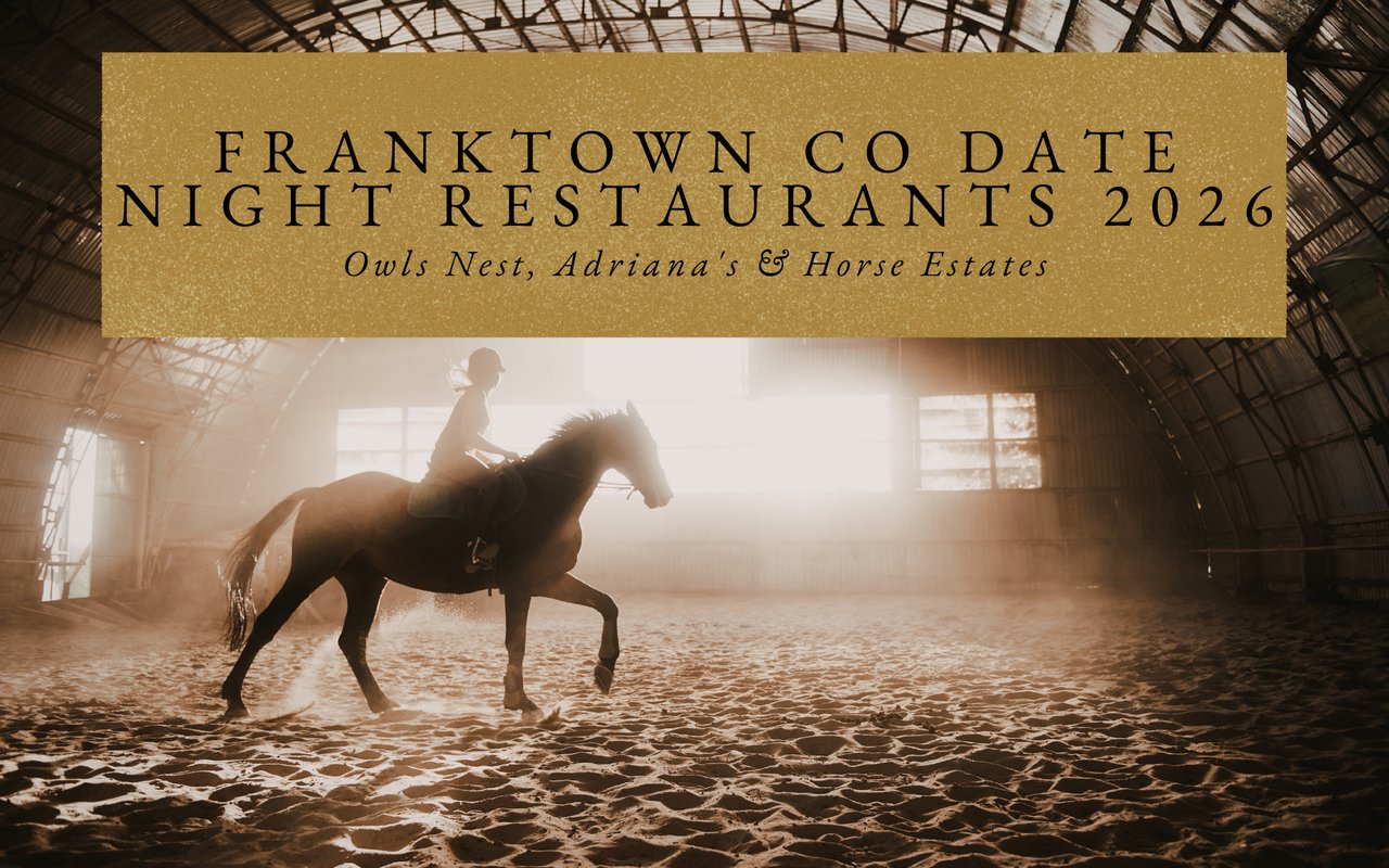 Luxurious equestrian estate home exterior in Franktown CO featuring private horse arena, expansive acreage, mountain sunset backdrop.