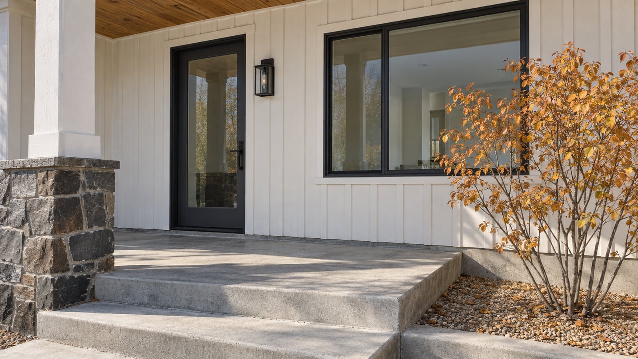 Sunlit covered porch with white board-and-batten siding, black-framed glazing, basalt stonework, concrete steps, and an autumn serviceberry.