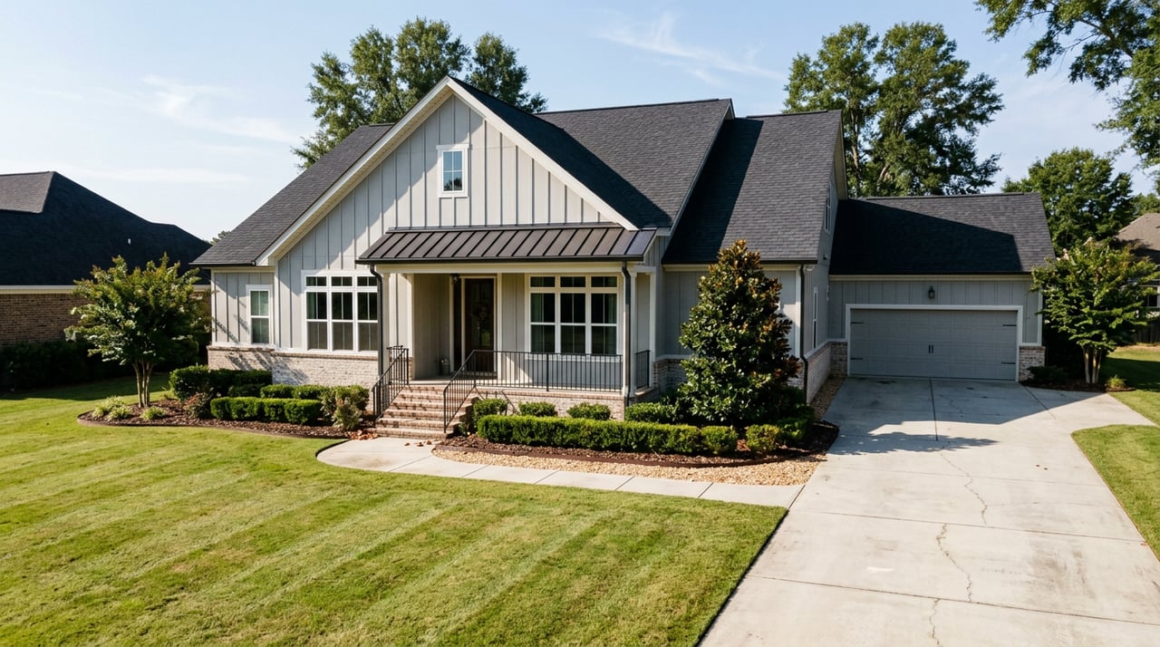 Suburban house with gray gabled siding, brick base, black porch awning, striped lawn, and concrete driveway.