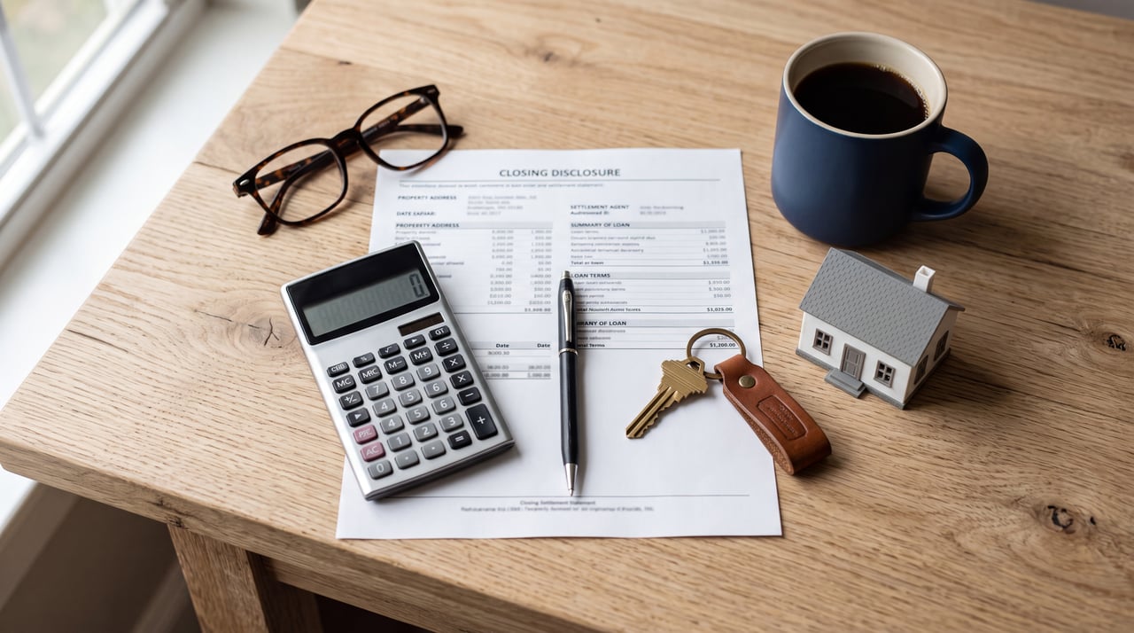 Closing Disclosure document, calculator, house keys, and model house on a wooden desk, illustrating Houston closing costs
