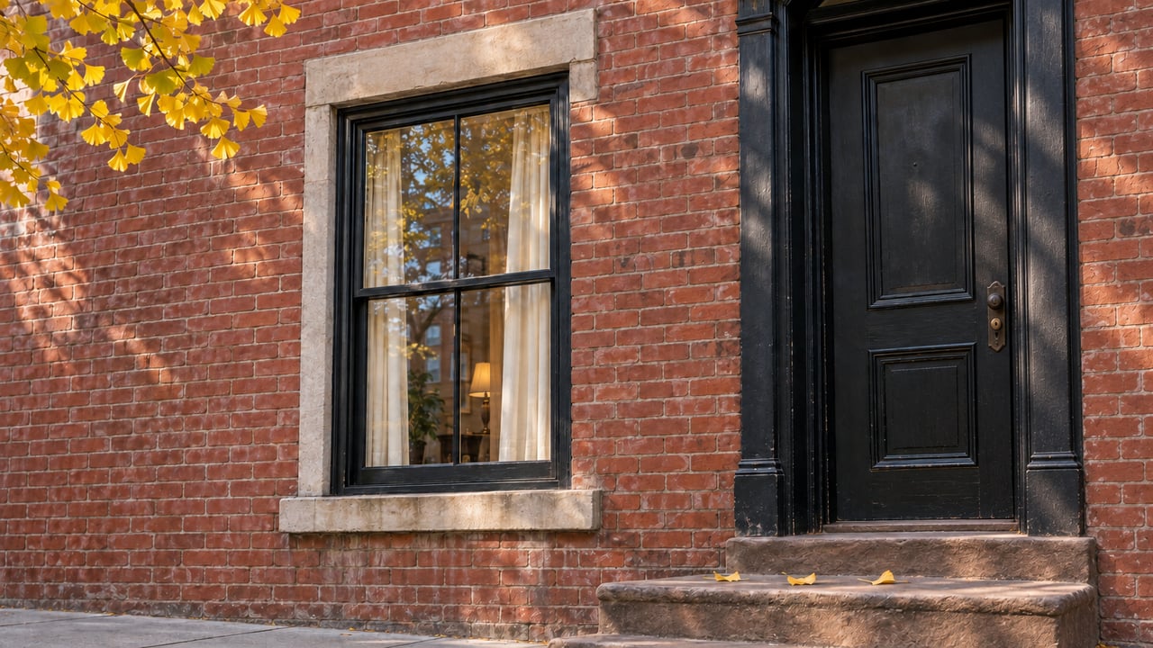 Brick facade with a black-paneled entry door, sash window, ginkgo leaves, and weathered stone steps.