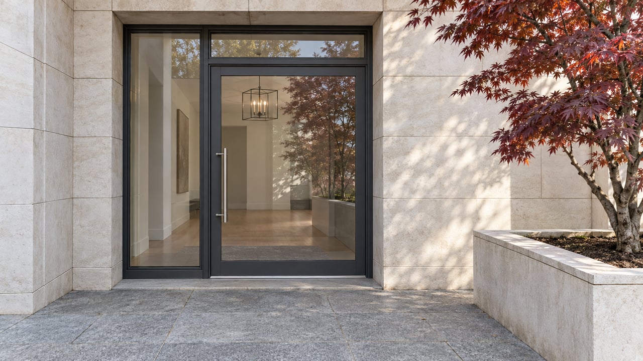 Limestone condominium entrance with charcoal-framed glass door, granite paving and a raised planter holding a burgundy Japanese maple.