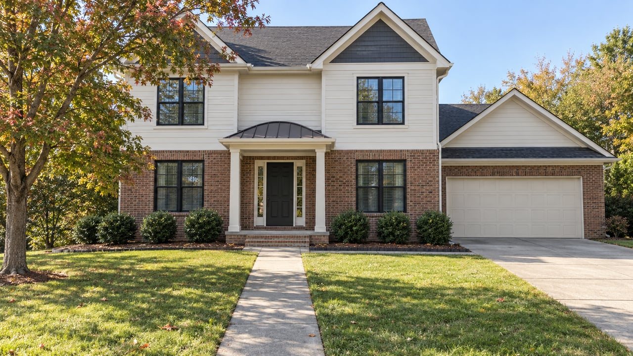 Well-kept two-story brick and white-sided home with a deep autumn lawn and a curved entry canopy.