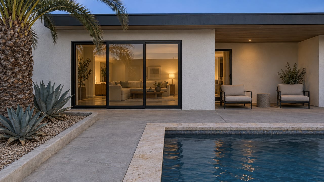 A low modern home at twilight with sandy stucco, closed glass doors, a sheltered concrete terrace and a limestone-edged pool.