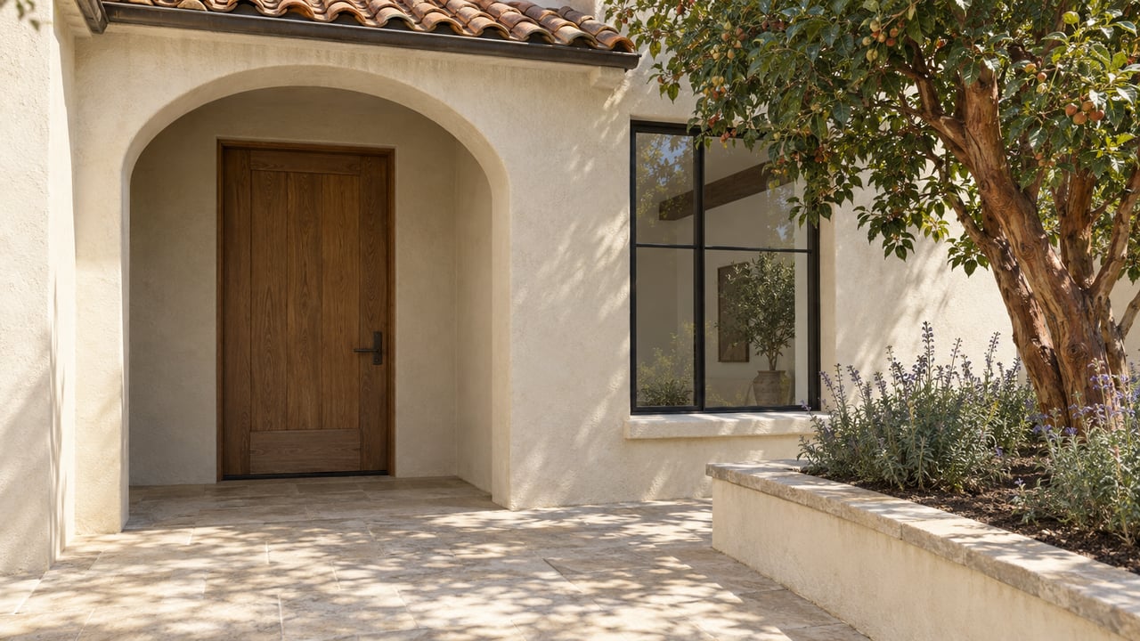 Sunlit limestone entry terrace beside an ivory stucco home, with a recessed arched oak door, clay roof tiles and a sculptural strawberry tree.