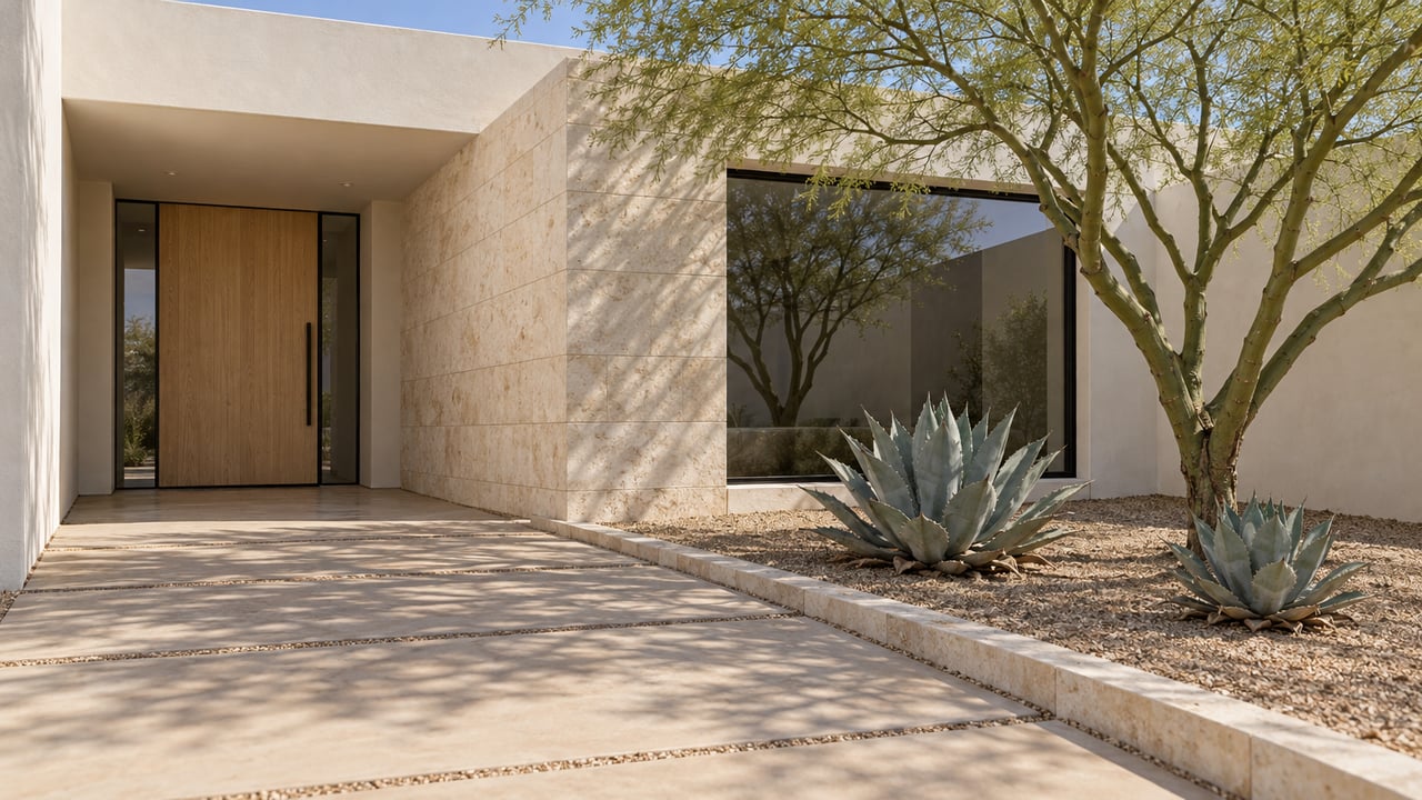 Sunlit stucco and limestone home entrance beside a green-trunked tree and two blue agaves in a gravel garden.