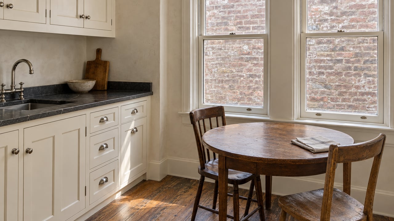 Historic kitchen with ivory cabinets, a round oak breakfast table, and two sash windows facing a brick wall.