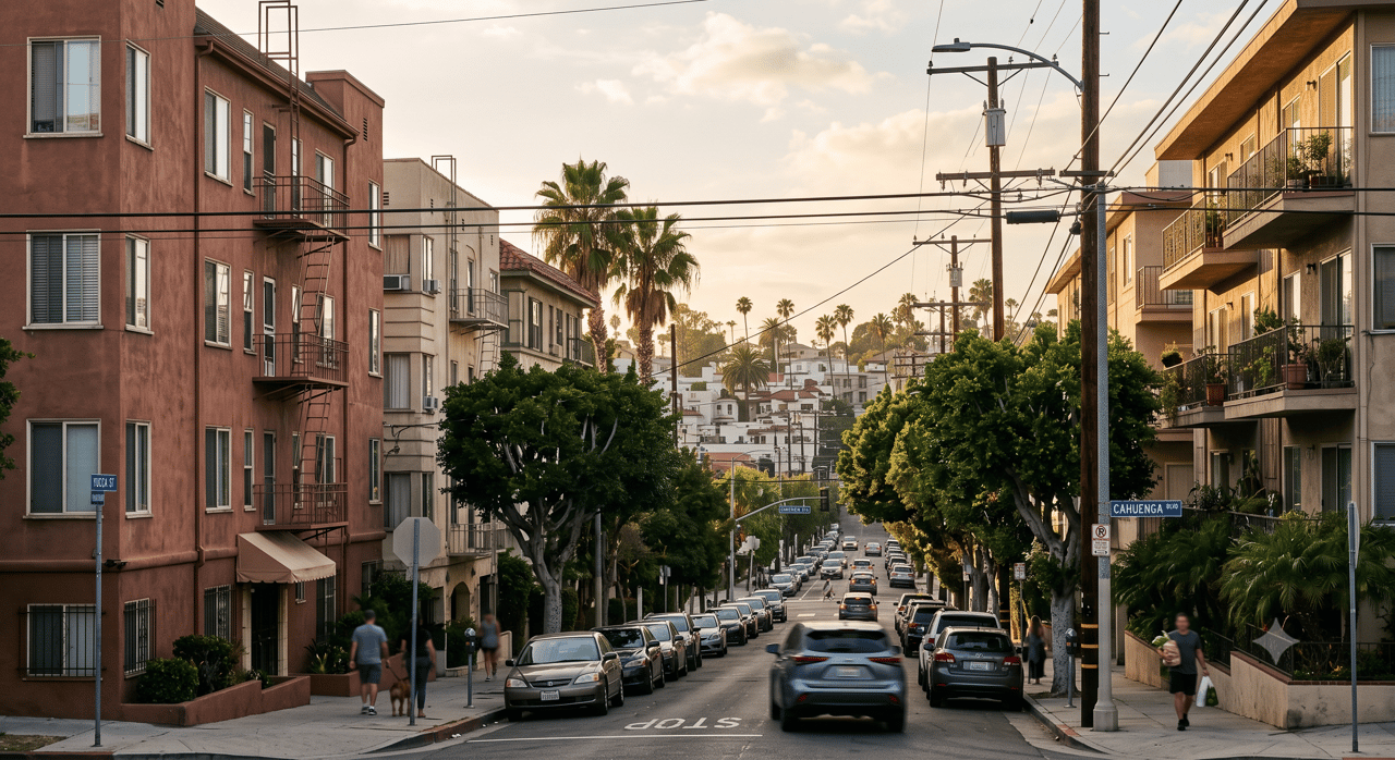 Apartment-lined street with parked cars and palm trees at Yucca Street and Cahuenga Boulevard.