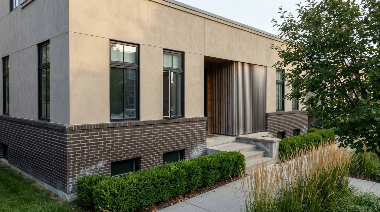 Two-story townhome with dark brick, putty-colored plaster, a cedar entry screen, and a narrow garden with serviceberry and grasses.