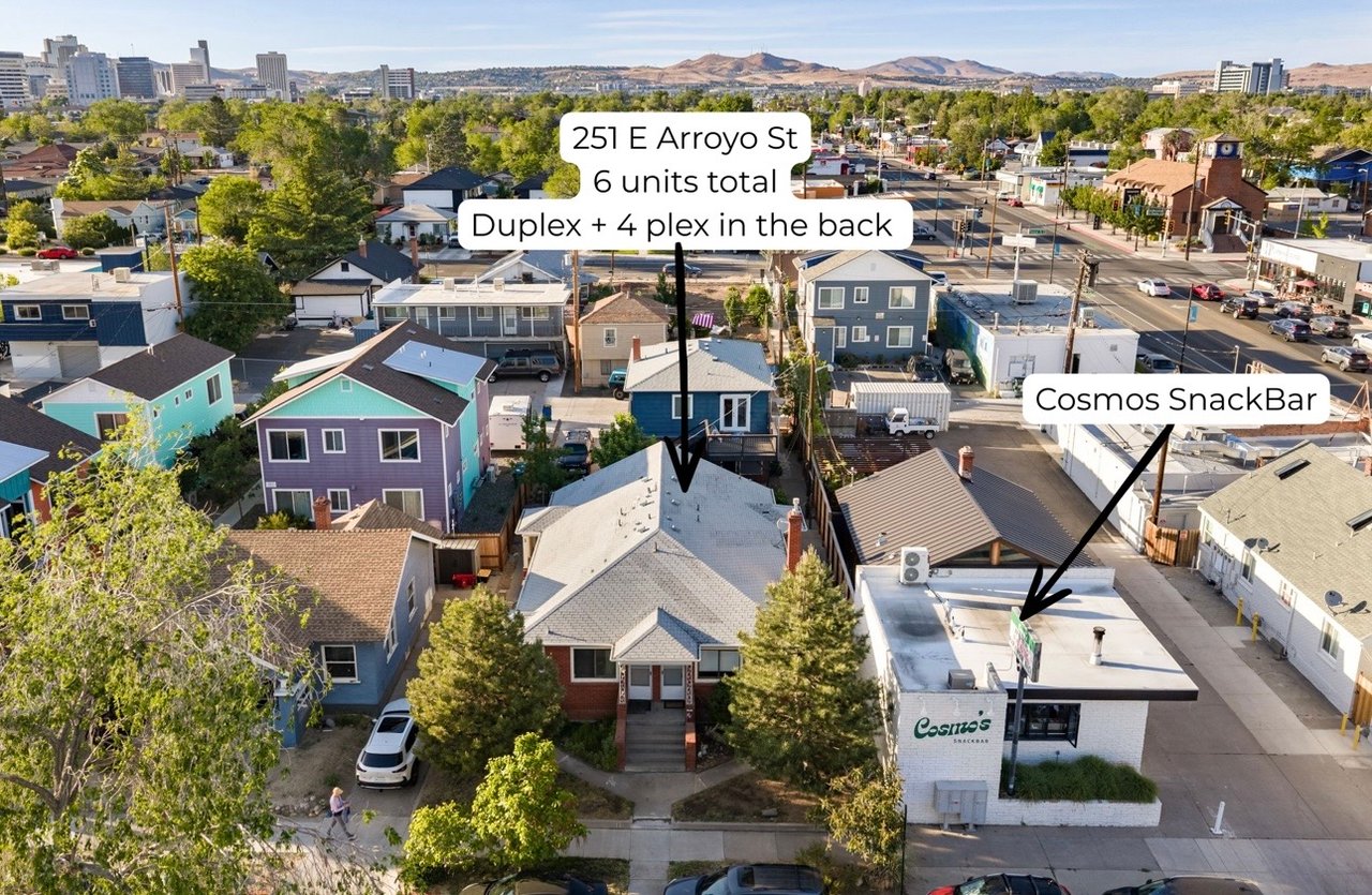 Aerial view of an investment property and surrounding neighborhood near Midtown Reno, Wells Avenue, and Downtown Reno.