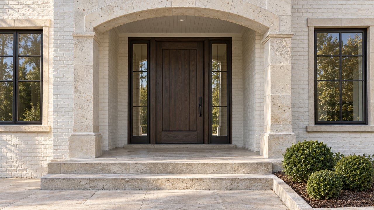 White-painted brick home with a limestone arched entrance, dark oak door, paired windows, broad stone steps, and three clipped shrubs.