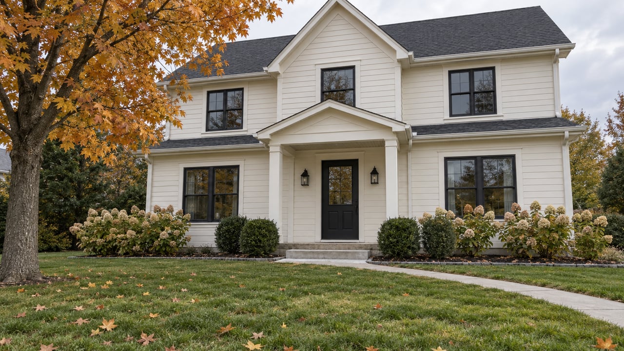 Cream clapboard home behind a deep autumn lawn, with black-framed windows, a covered entry and an amber sugar maple.