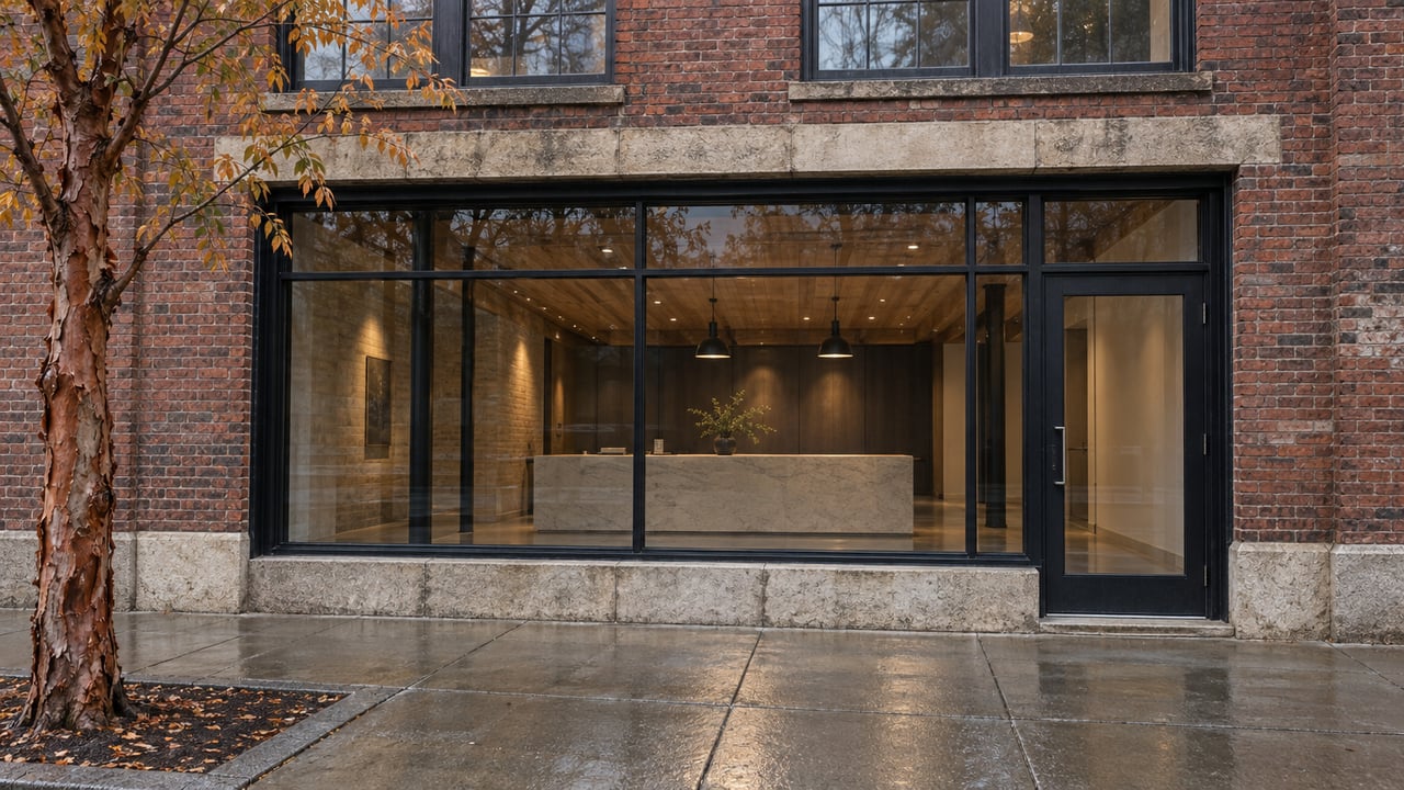Red-brick loft facade with black-framed storefront, wet sidewalk, and copper-barked tree