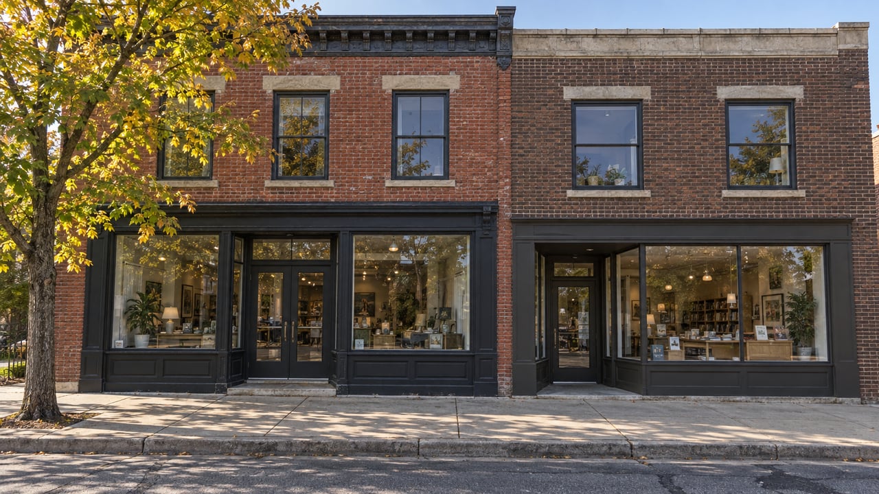 Two adjoining brick storefronts beneath a maple with gold and green leaves.