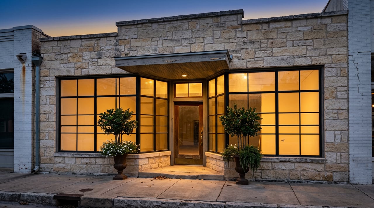 Historic limestone storefront with glowing black-framed windows, a wood awning, and two iron urns flanking the entrance.