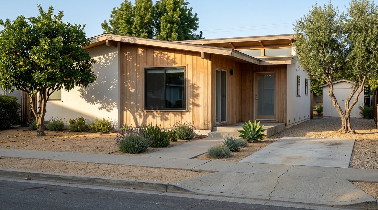 Mid-century cottage with a broad front and side yard, mature trees, and weathered exterior finishes.