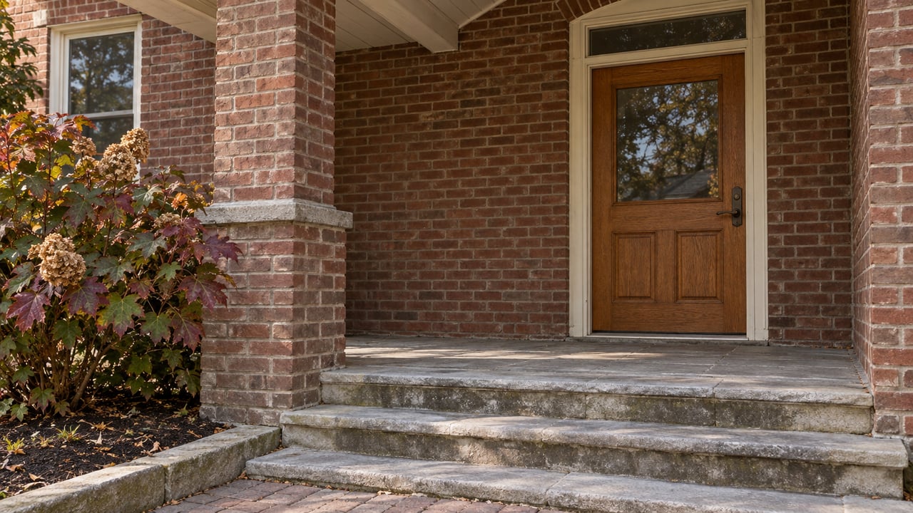 Brick house entry with a wooden door, covered porch, stone steps, and burgundy-leaved shrub.
