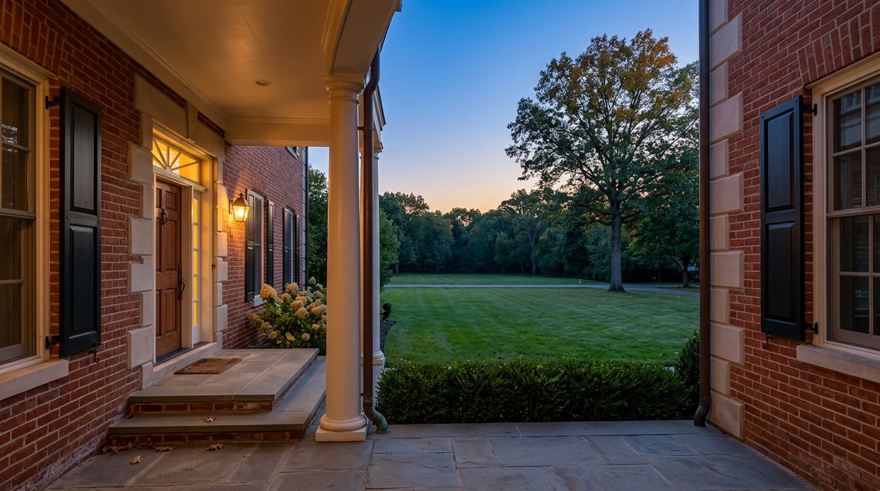 Brick estate entry with white columns overlooks a deep lawn and mature oak beneath a blue dusk sky.