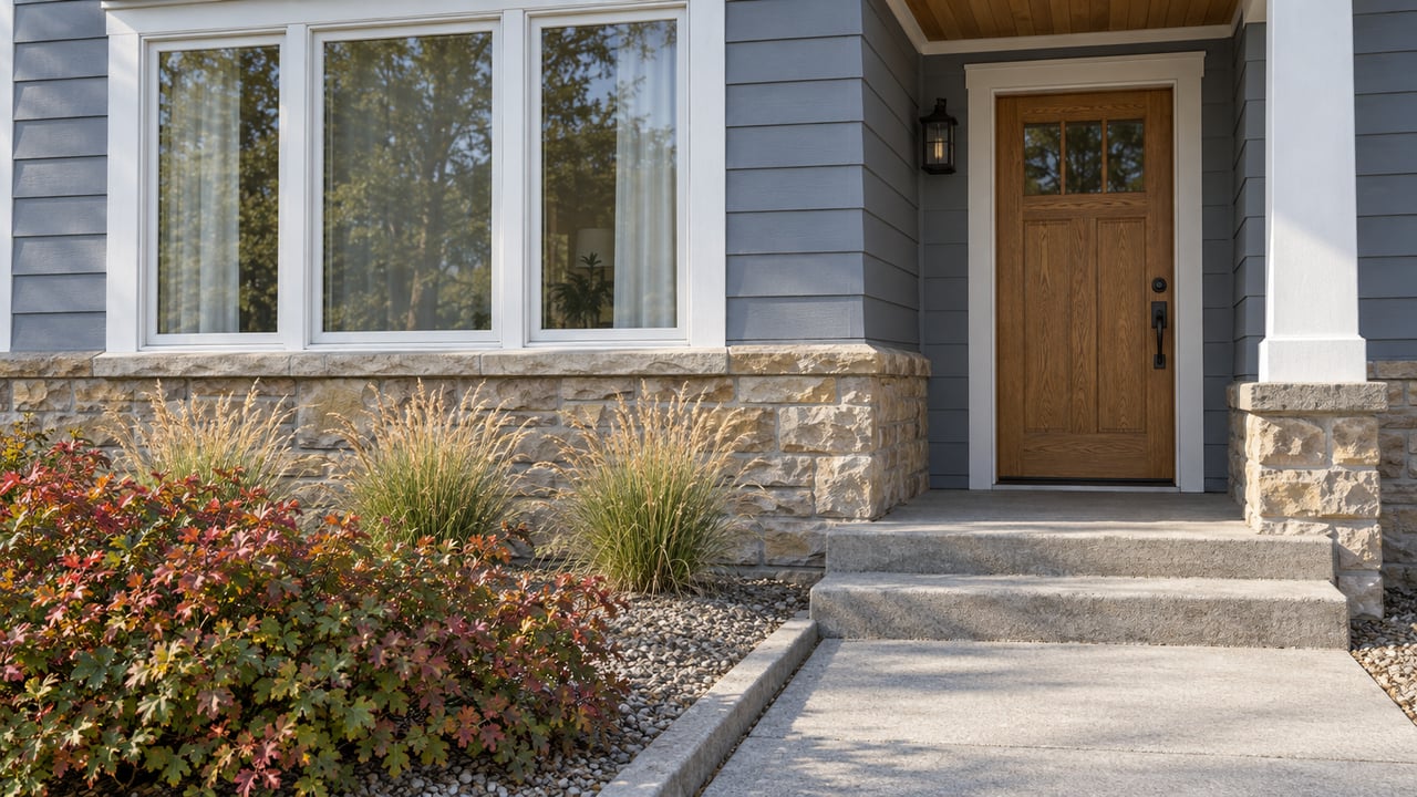 Gray-blue siding and sandstone surround a white-trimmed window and recessed oak front door, with autumn sumac beside a concrete walk.