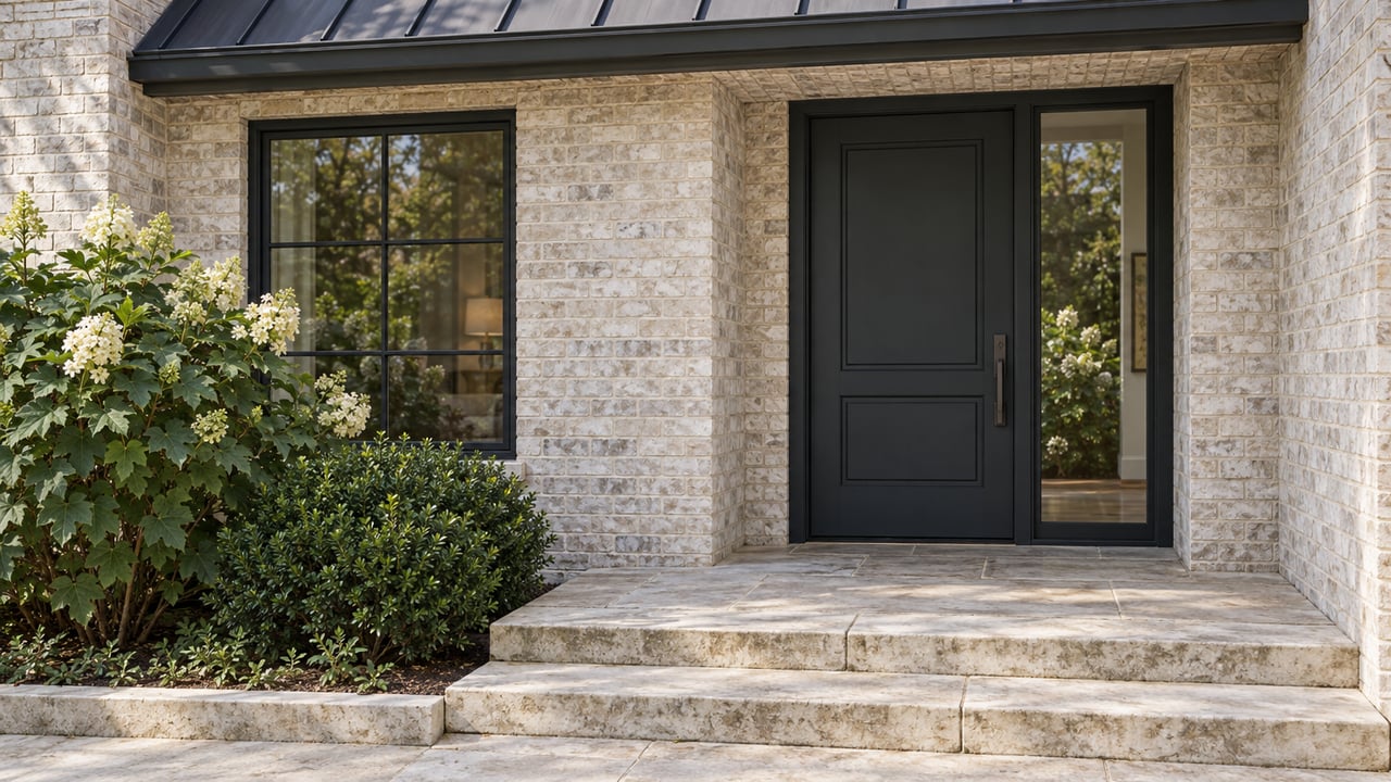 Recessed charcoal front door in pale brick, beside a divided-light window and hydrangea planting.