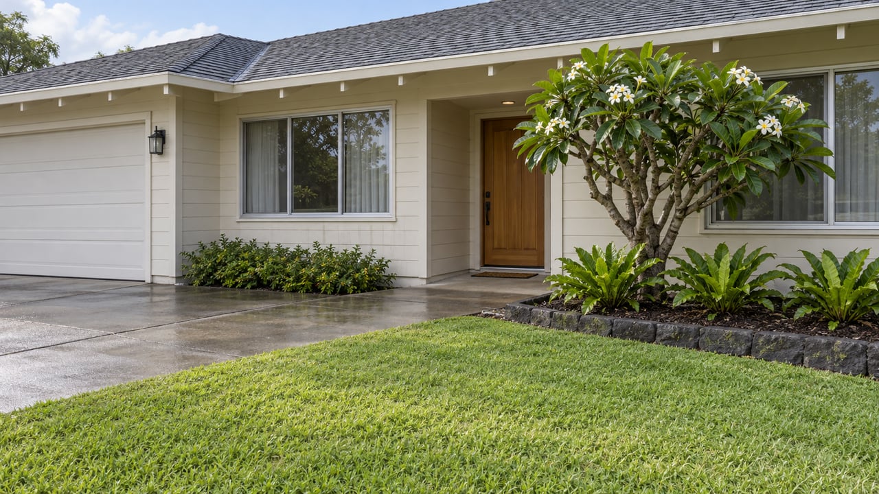 A single-story cream-sided home with a sheltered wood entry, rain-darkened concrete walk, lawn, and a white-flowering plumeria tree.