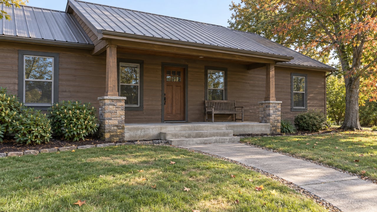 Brown timber-sided home with a gray metal roof, raised stone-supported porch, concrete front walk, and a maple with early autumn foliage.