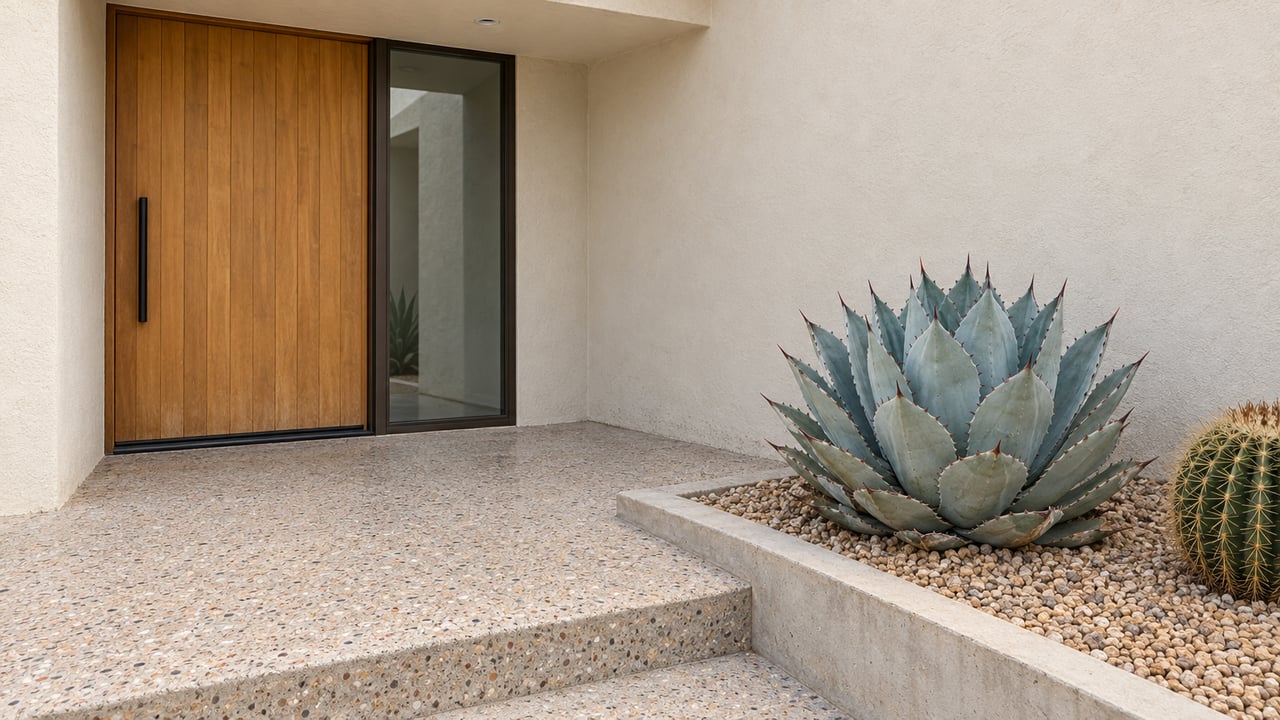 Wood front door and bronze-framed sidelight above an exposed-aggregate concrete landing, beside a blue-gray agave and barrel cactus in a contained gravel bed.