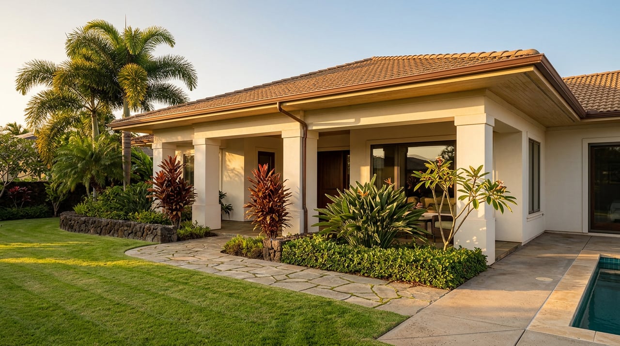 Single-story stucco home with a covered entry, flagstone walkway, lava-rock wall, foxtail palm, and plumeria.