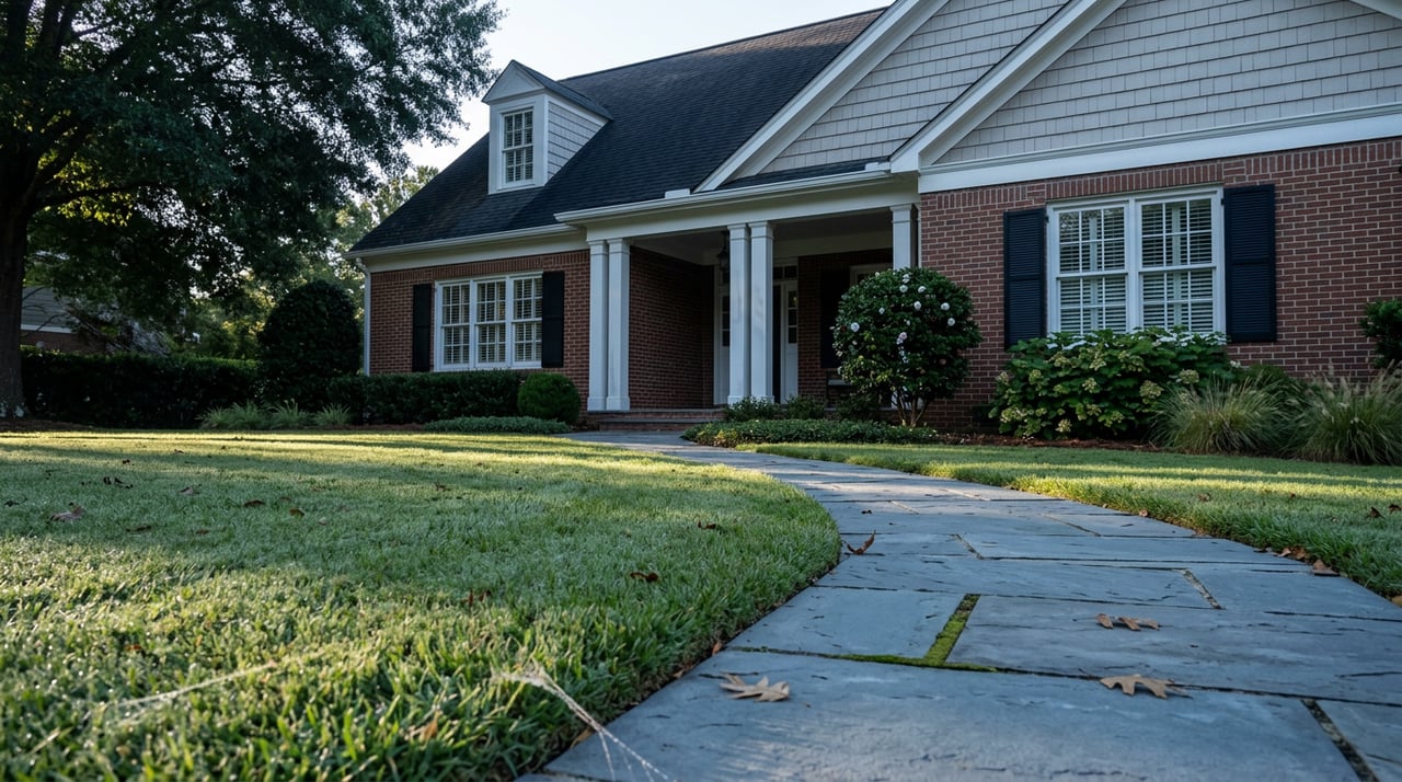 Brick-and-shingle house with a columned porch, slate walkway, and dew-covered lawn.