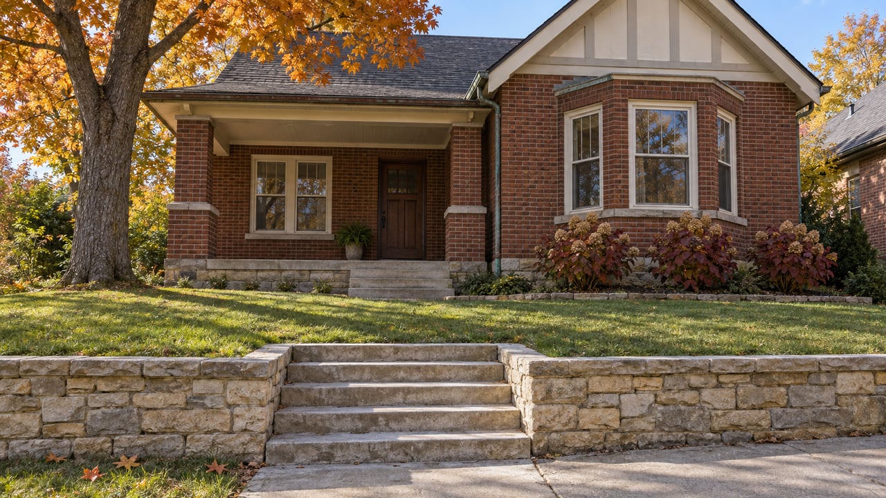 Autumn sunlight on a brick bungalow with a limestone approach, amber maple canopy and burgundy oakleaf hydrangeas.