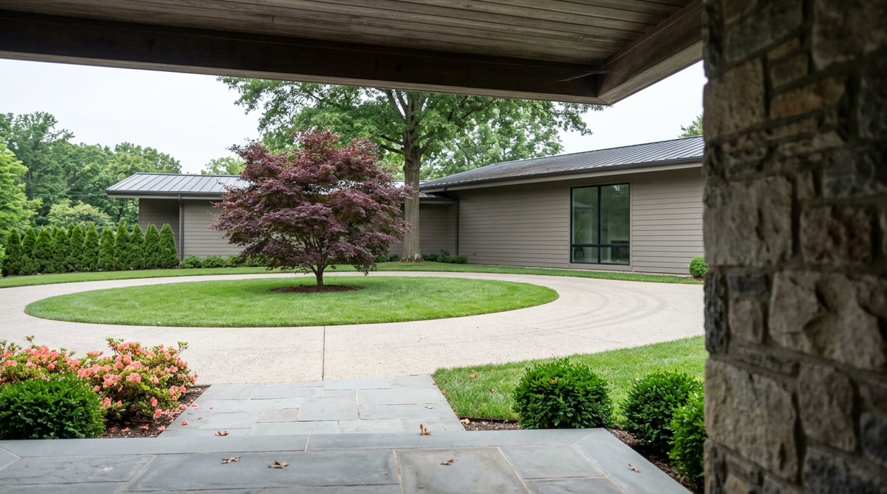 Stone entry portico overlooks a broad lawn, curving driveway, and burgundy Japanese maple beside a low modern home.