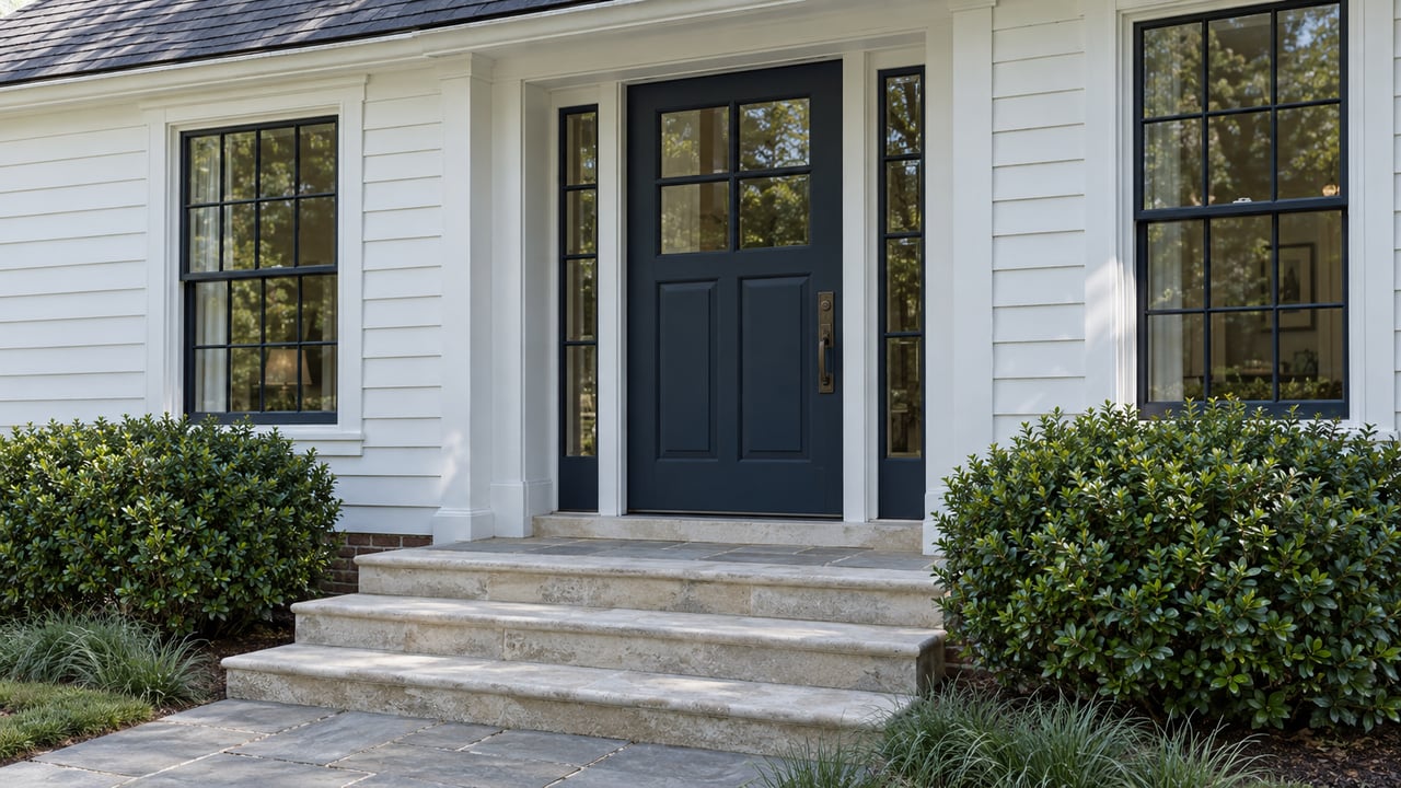White clapboard entry with a recessed navy door, paired windows, limestone steps, and low shrubs.
