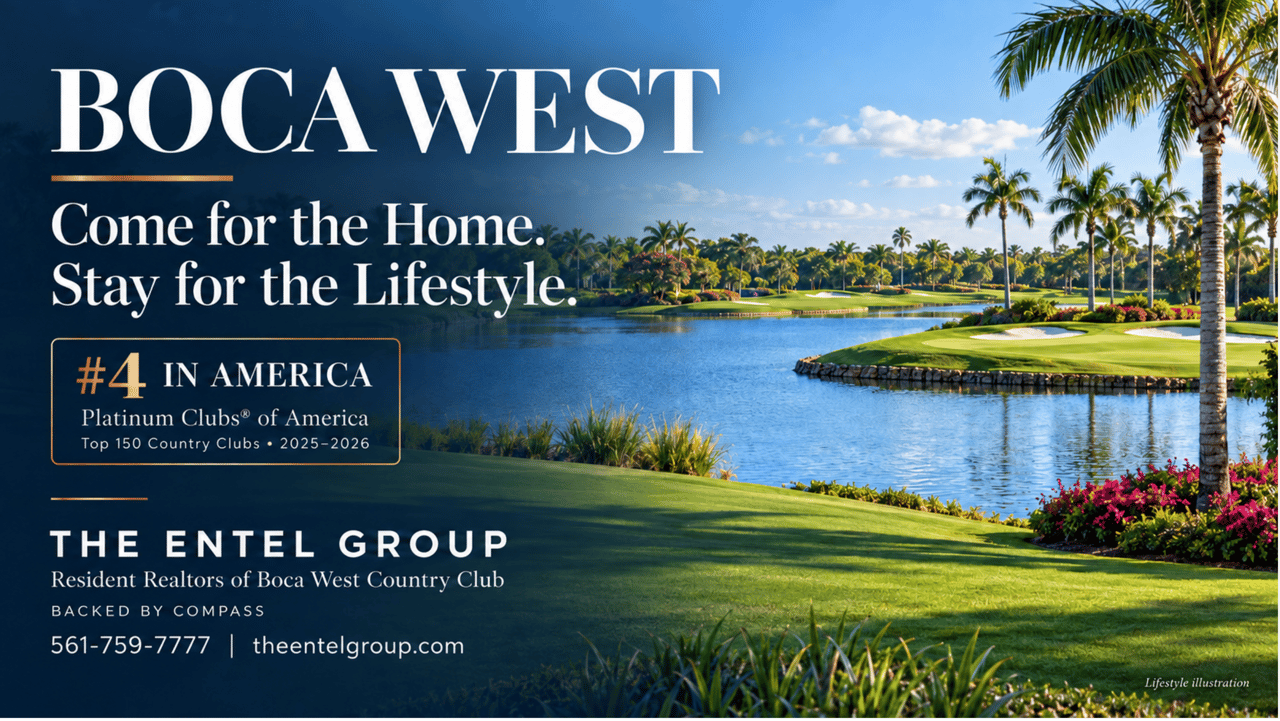 Boca West buyer guide cover featuring an illustrated golf landscape, the club’s No. 4 Platinum Clubs of America ranking, and The Entel Group branding.