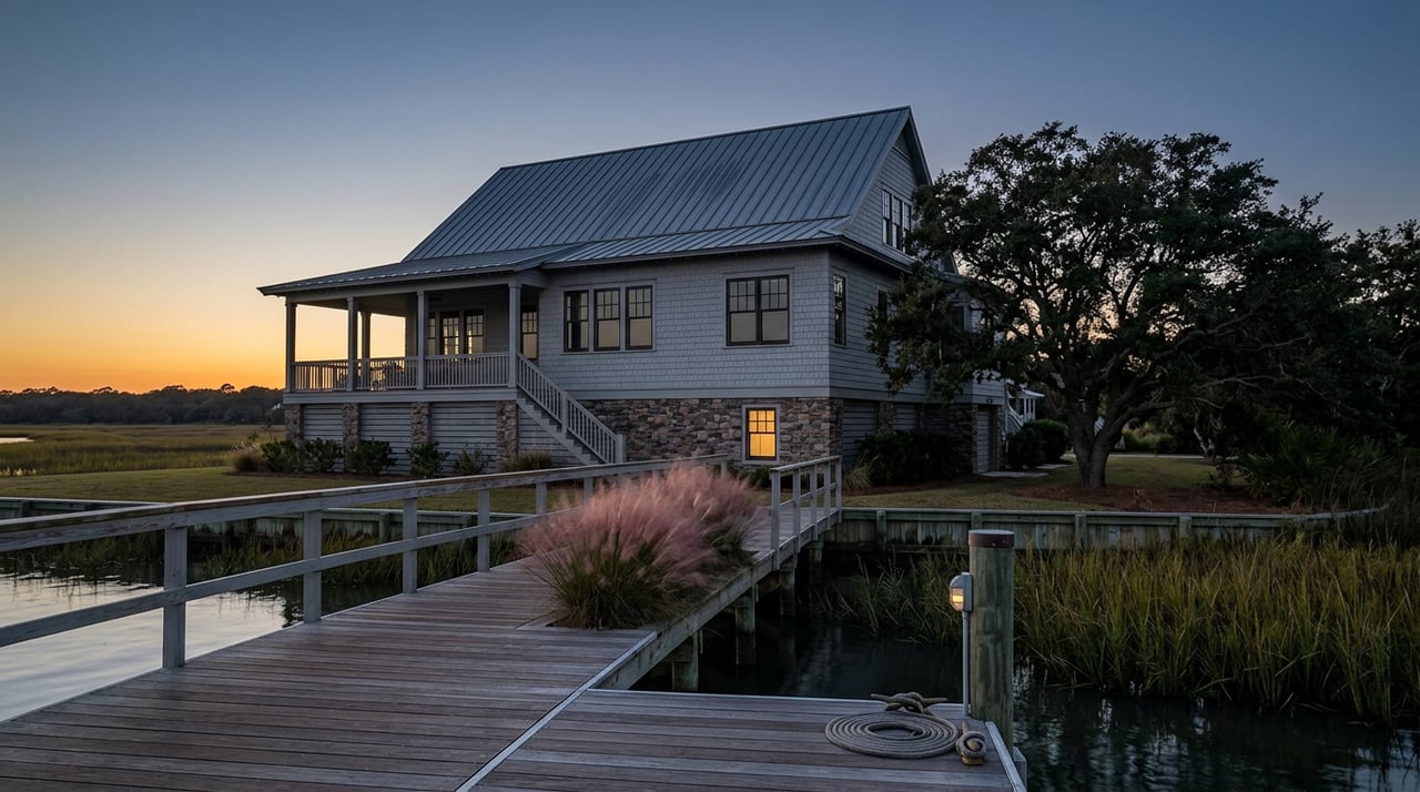 Elevated gray-shingle home on stone pilings across a marsh creek, with a glowing window beneath a blue dusk sky.