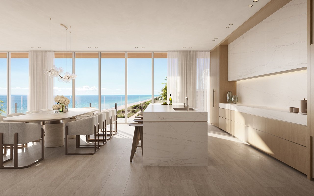 Ocean House Surfside kitchen rendering with custom cabinetry and an island.