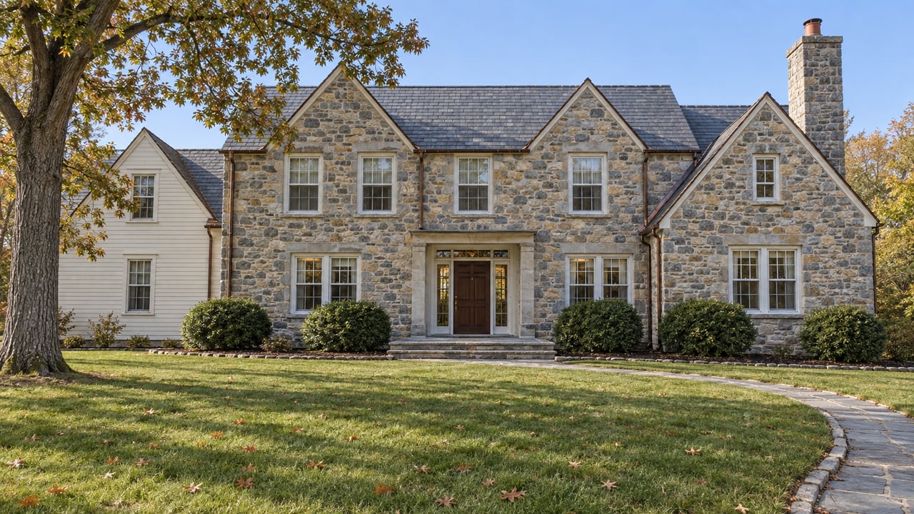 Stone and ivory clapboard home beyond a broad autumn lawn, with a mature white oak and a curved stone entry walk.