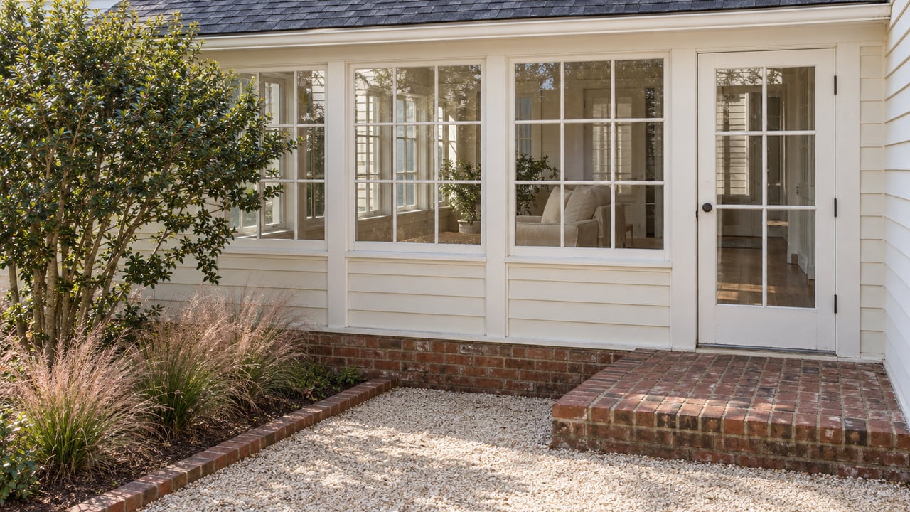 Cream clapboard cottage sunroom with white-framed windows, a brick threshold, and a shell courtyard beside a sculptural yaupon holly.