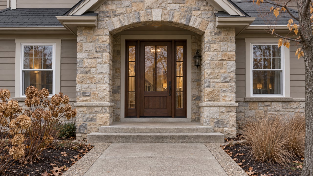 Late-autumn stone entry with a glazed wood door, matching sidelights, worn concrete steps and dormant planting beds.