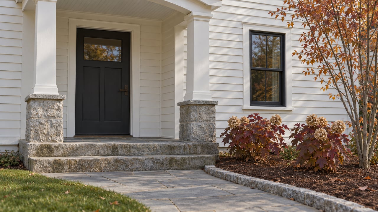 White clapboard home with an arched porch, dark door, weathered stone steps, and copper and burgundy autumn planting.