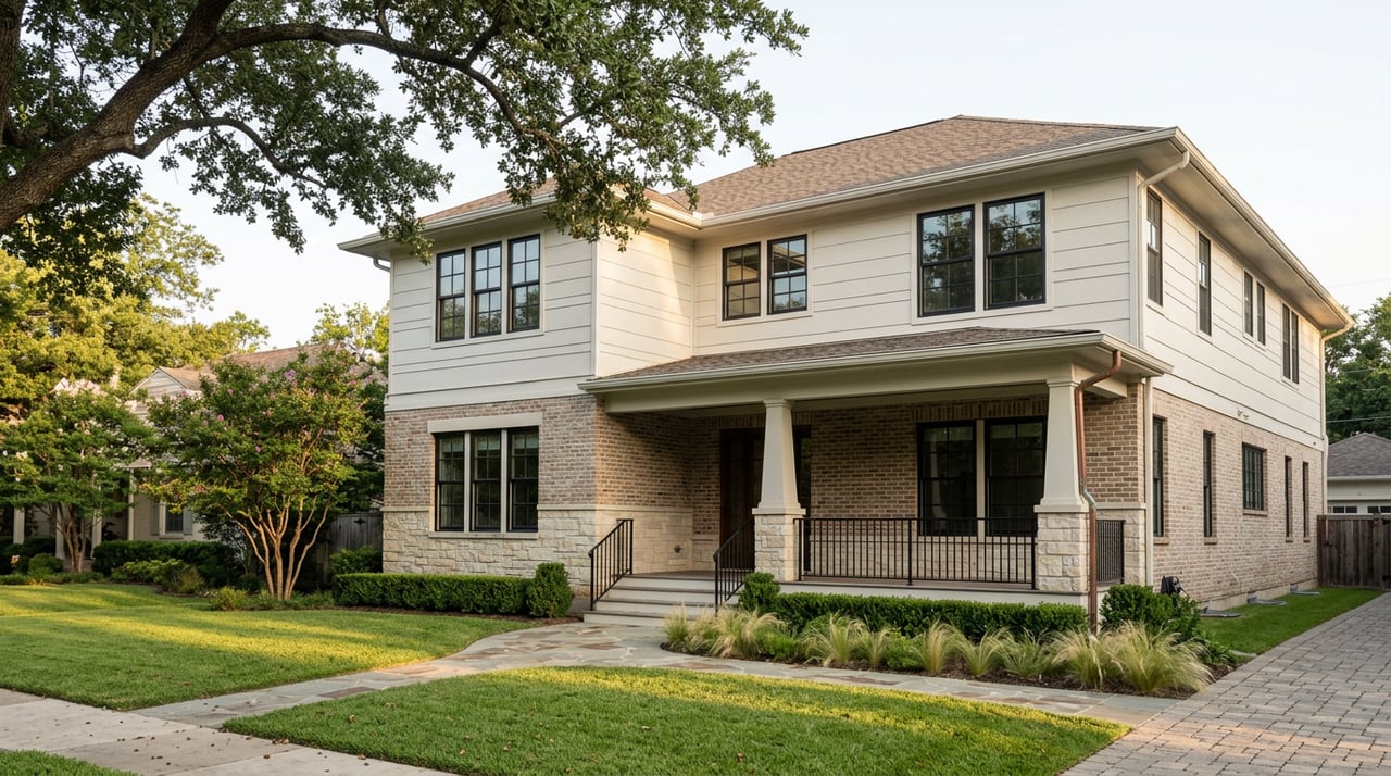 Two-story limestone and brick home with a deep lawn, curving flagstone walk, and mature live oak canopy.