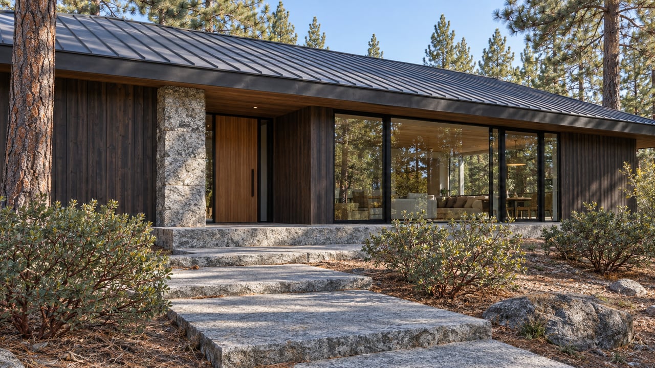 Dark cedar home with granite entry and broad stone approach among mature pines and individually spaced manzanita shrubs.