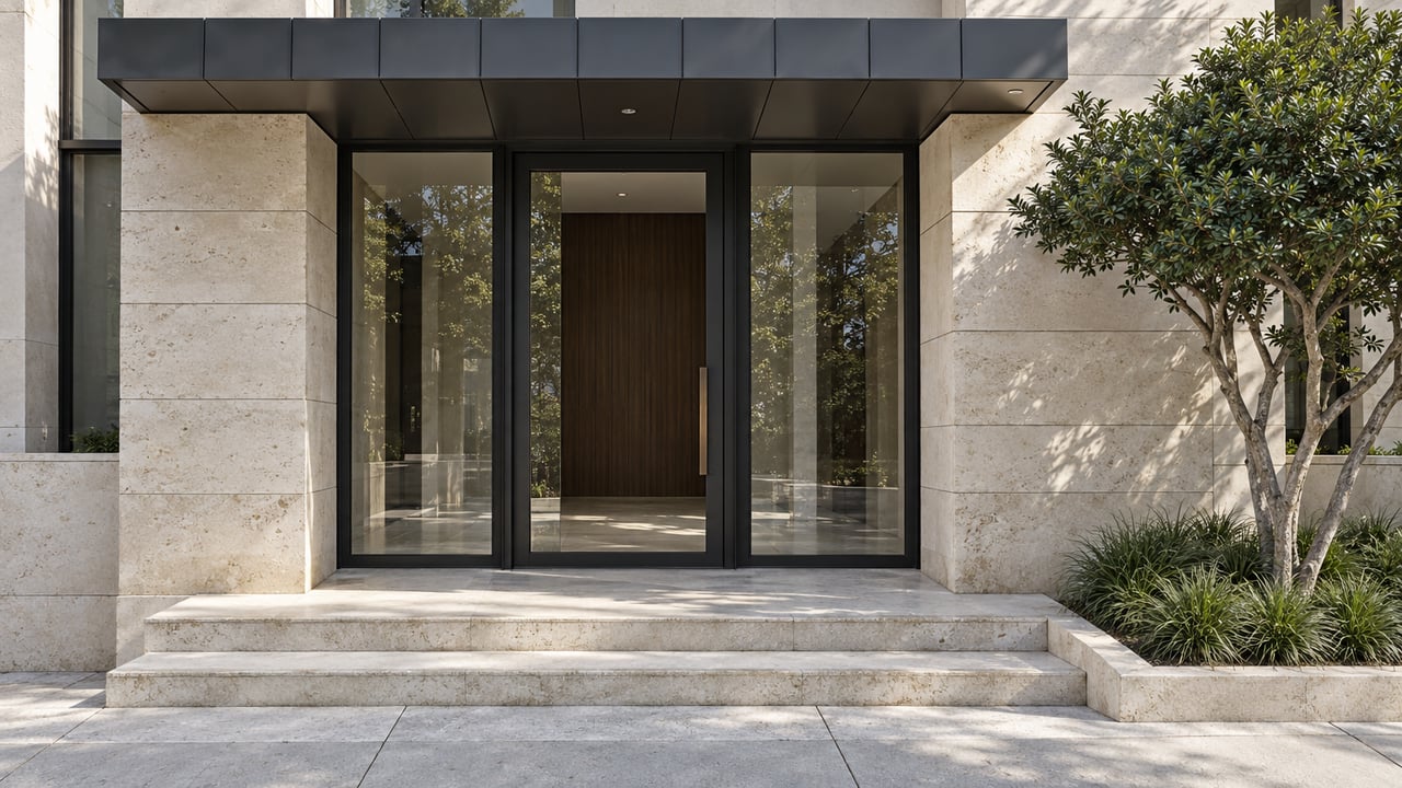 Limestone residential entrance with black-framed glass doors, a dark metal canopy and a sculptural yaupon beside broad stone steps.