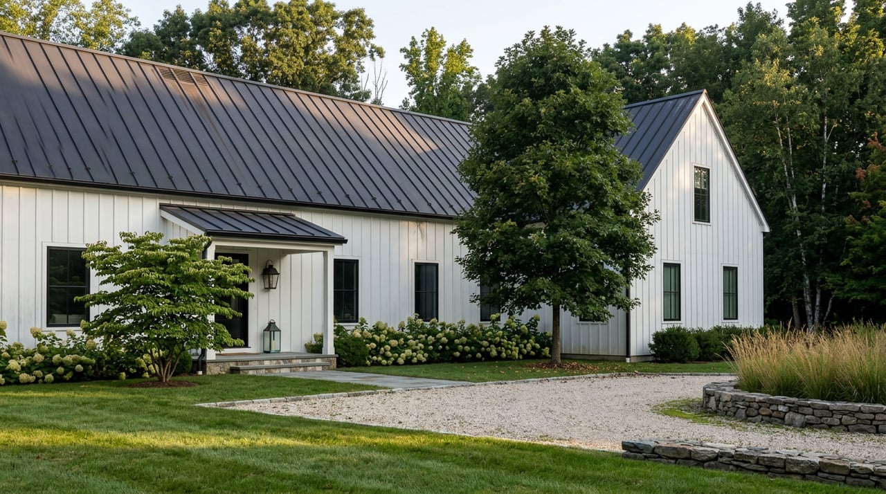 White farmhouse estate with black trim, a gravel drive, broad lawn, mature oak, and wooded backdrop.