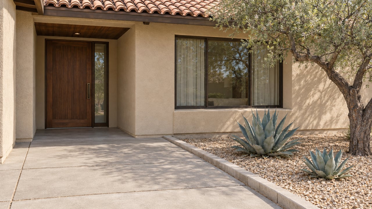 Sun-faded clay tile roof above a sand-colored stucco entrance, walnut door and broad window, with a concrete walk beside ironwood and two agaves.