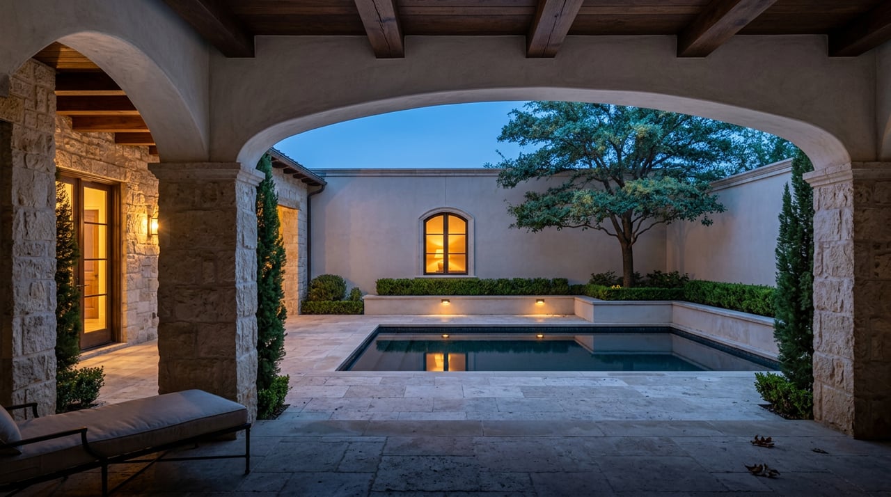 Stone loggia arch frames a courtyard pool, glowing arched window, and live oak at dusk.