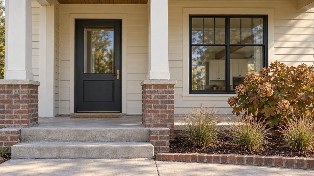 Ivory-sided home entry with brick porch supports, a charcoal glazed door, black-framed window and autumn planting.